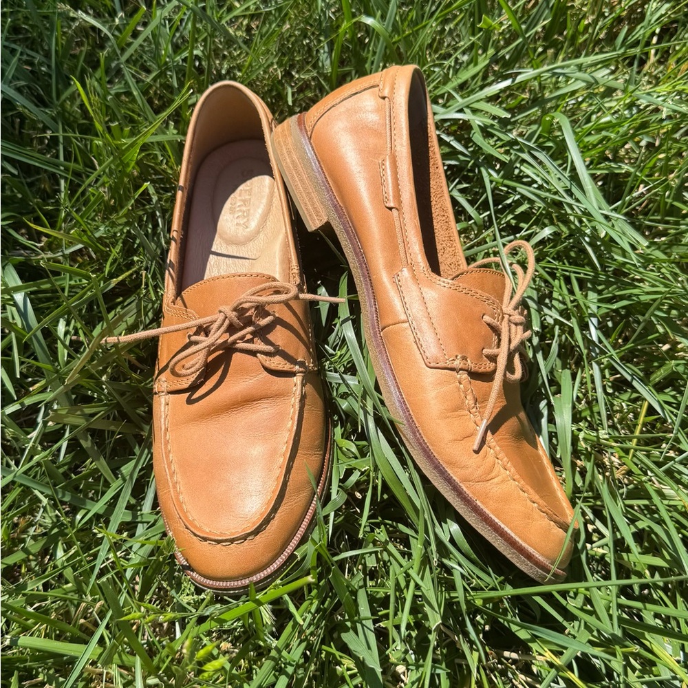 Sperry Womens Leather Boat Shoes Stacked Wood Heel Sole Tan Size 9.5 EUR 40 NWOT
